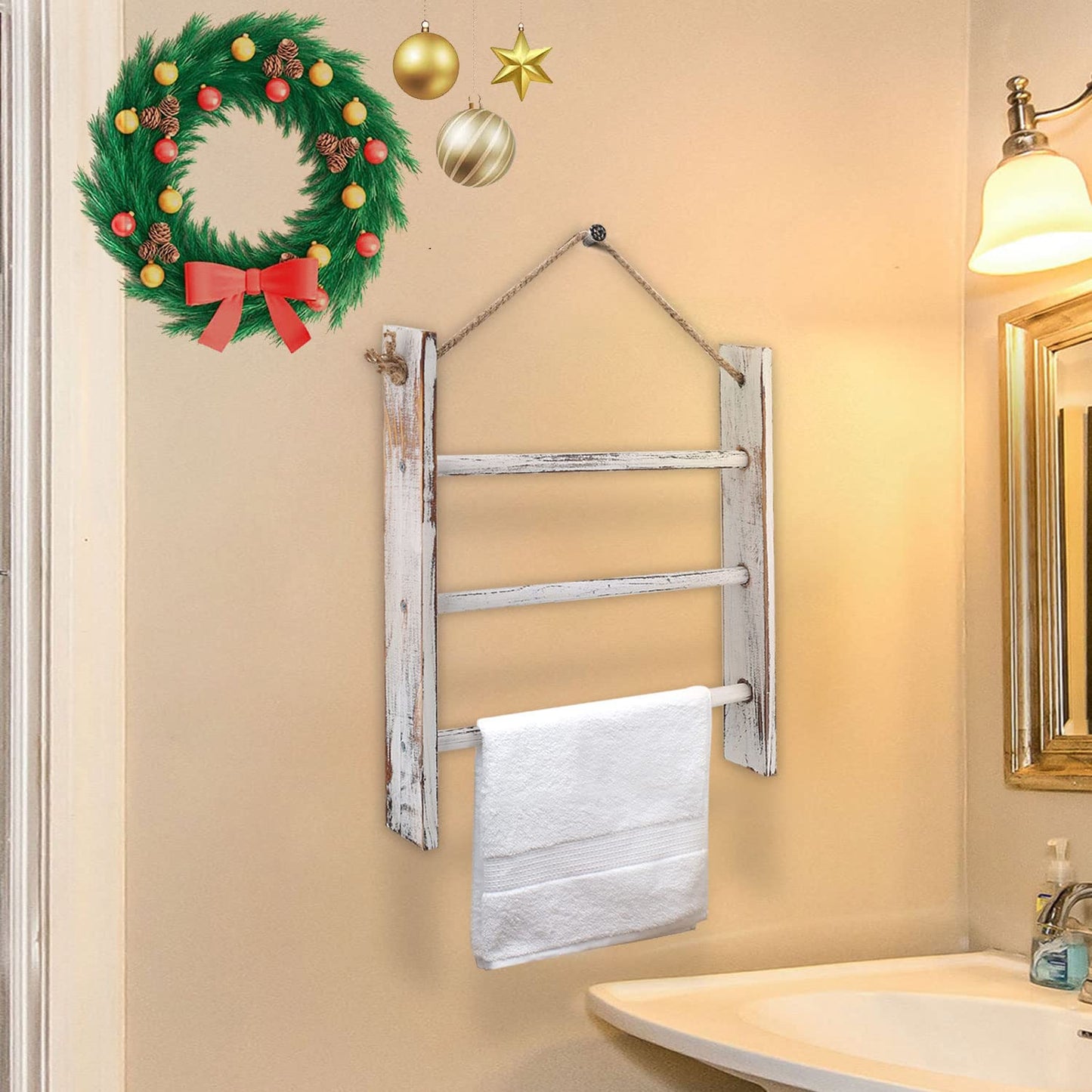 CuffUp Rustic Wood Ladder Hand Towel Rack for Bathroom, Farmhouse Blanket Ladder for Living Room Hanging Decorative Rack for Blankets Whitewashed Towel Rack with Rope (Whitewashed)