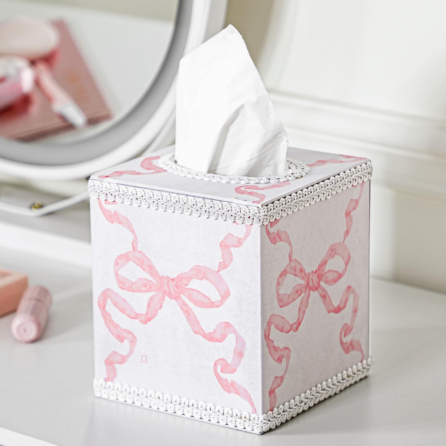 Jingmore Pink Bow Tissue Box Cover Cotton Luxury Coquette Tissue Holder with Magnetic Closure Square Cube Box Holder for Living Room Bathroom Table Desk Home Office Car Decor