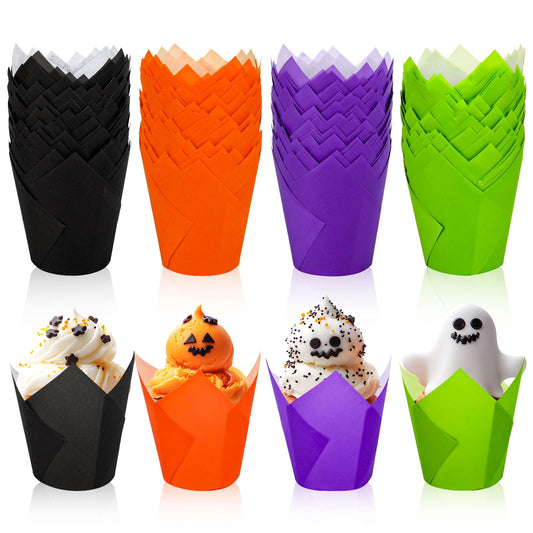Whaline 200Pcs Halloween Tulip Cupcake Liners Black Orange Purple Green Tulip Baking Cups Muffin Cupcake Wrappers for Party Supplies Table Decor