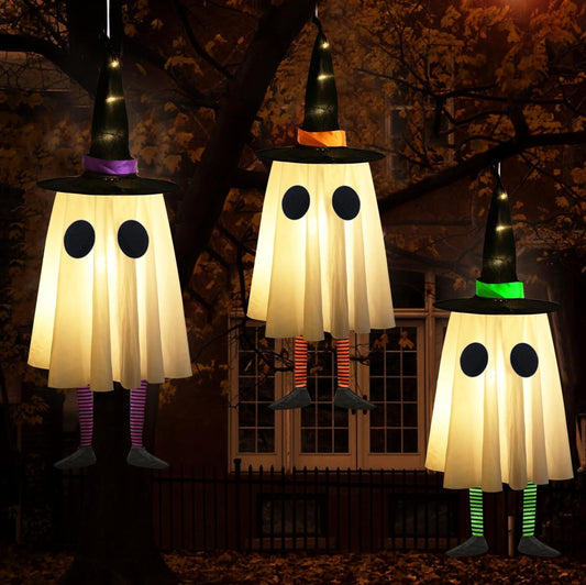Set of 3 Halloween Hanging Ghosts,Halloween Decorations Outdoor Hanging Ghosts with Witch Hat,Glowing Ghost Witch Hat Light, Halloween Ghost Decor for Yard Patio Garden Tree Outside(3 Ghost Lighted)