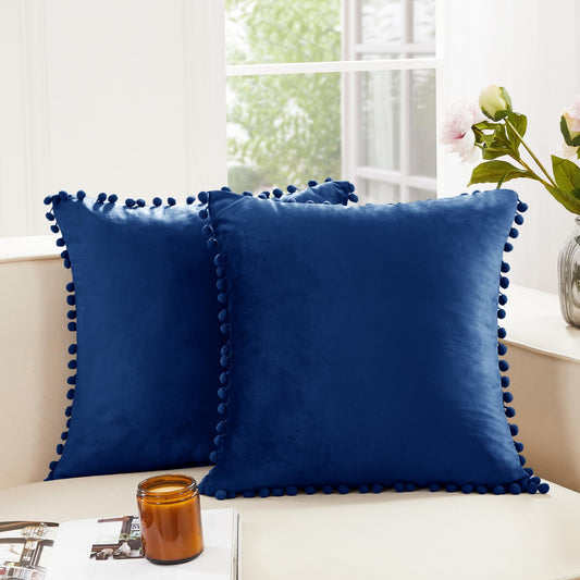 Deconovo Velvet Throw Pillow Covers, Set of 2, 22” x 22” Navy, Comfortable Square Pom-poms Soft Hidden Zipper Cover for Bedroom