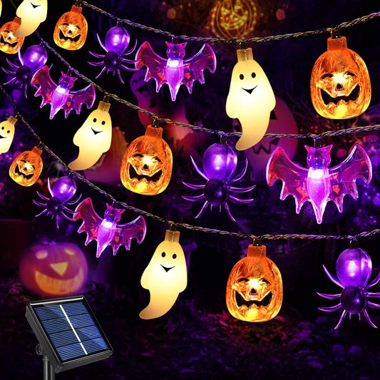 Janchs 40LED Solar Pumpkin Bat Ghost Spiders Lights for Halloween Decorations, 8 Modes, Waterproof, Auto On/Off, for Garden Decor, Halloween, Yard, Lawn, Outdoor Use