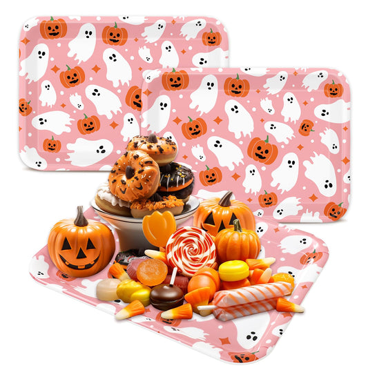 Whaline 3 Pcs Halloween Serving Trays Reusable Serving Platters Pink Boo Ghost Pumpkin Food Snack Trays for Birthday Party Baby Shower Supplies, 10 x 13 Inch