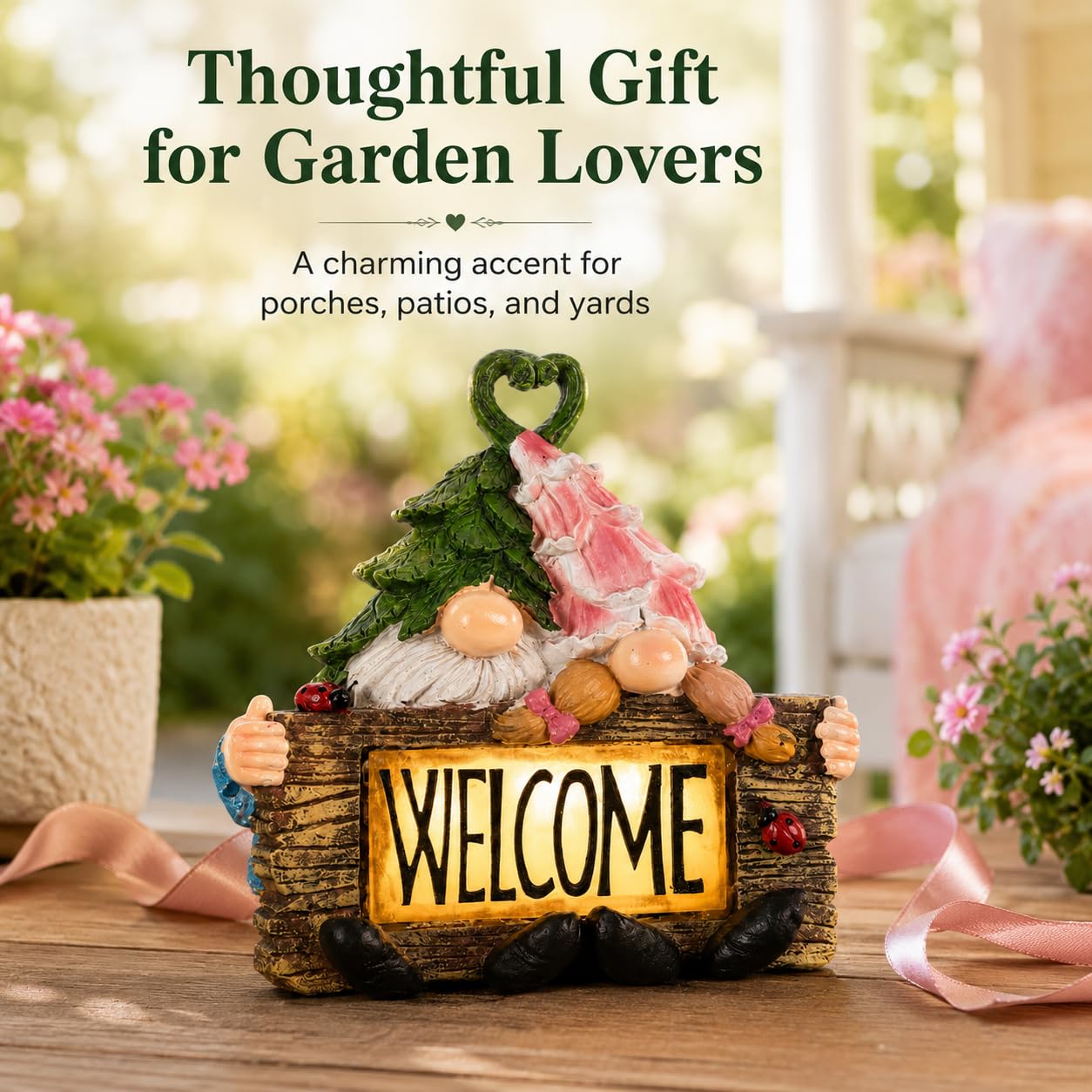 Garden Gnome Statue with LED Lights,7.5 Inch Resin Couple Gnome Figurine with Heart Topper & Welcome Sign,Outdoor Garden Decor for Patio,Lawn,Yard,Ideal Gift for Garden & Gnome Lovers (Green)