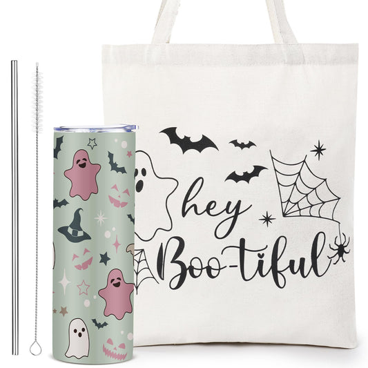 Abbylike 2 Pcs Halloween Gifts for Women Include 20 oz Stainless Steel Tumbler with Lid and Straw Boo Travel Mug Ghost Canvas Tote Reusable Bag for Birthday Gift Halloween Boo Party Favor