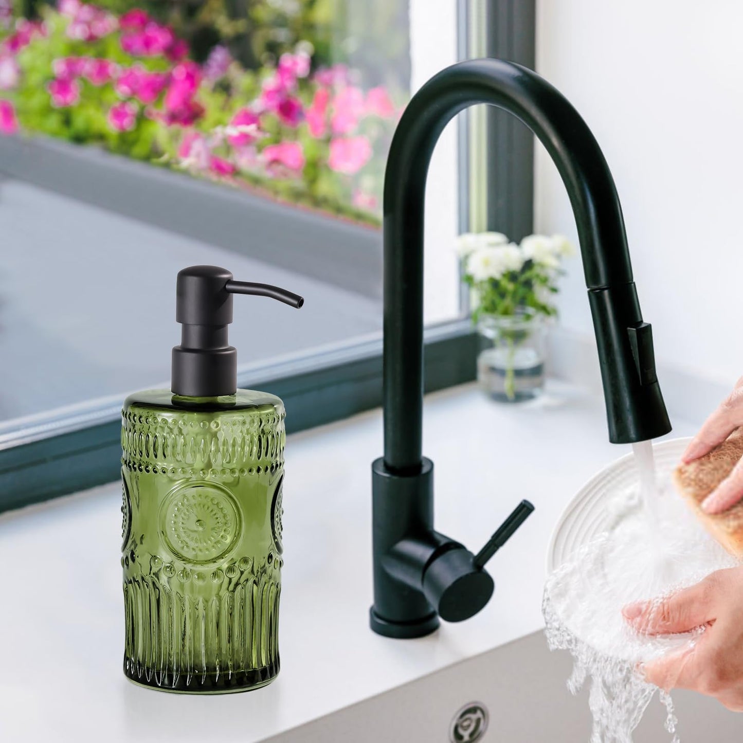 17 OZ Sunflower Embossed Glass Soap Dispenser - 2 Pack, with 304 Rust Proof Stainless Steel Pump, Glass Soap and Lotion Dispenser Set, Liquid Hand Soap Dispenser for Home, Kitchen & Bathroom (Green)