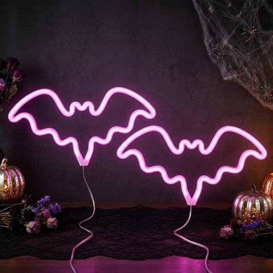 Halloween Bat Neon Signs 2 Pack, LED Bat Neon Lights for Halloween Decorations, USB/Battery Powered Light Up Bat Signs, Halloween Window Lights for Indoor Outdoor Window Door Wall Party Decor