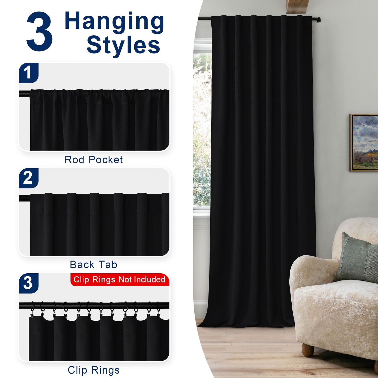 Hiasan Black Blackout Curtains Rod Pocket & Back Tab Halloween Curtains with Tiebacks Thermal Insulated Drapes for Living Room Bedroom Noise Reducing,52 inch Wide, Set of 2,Black