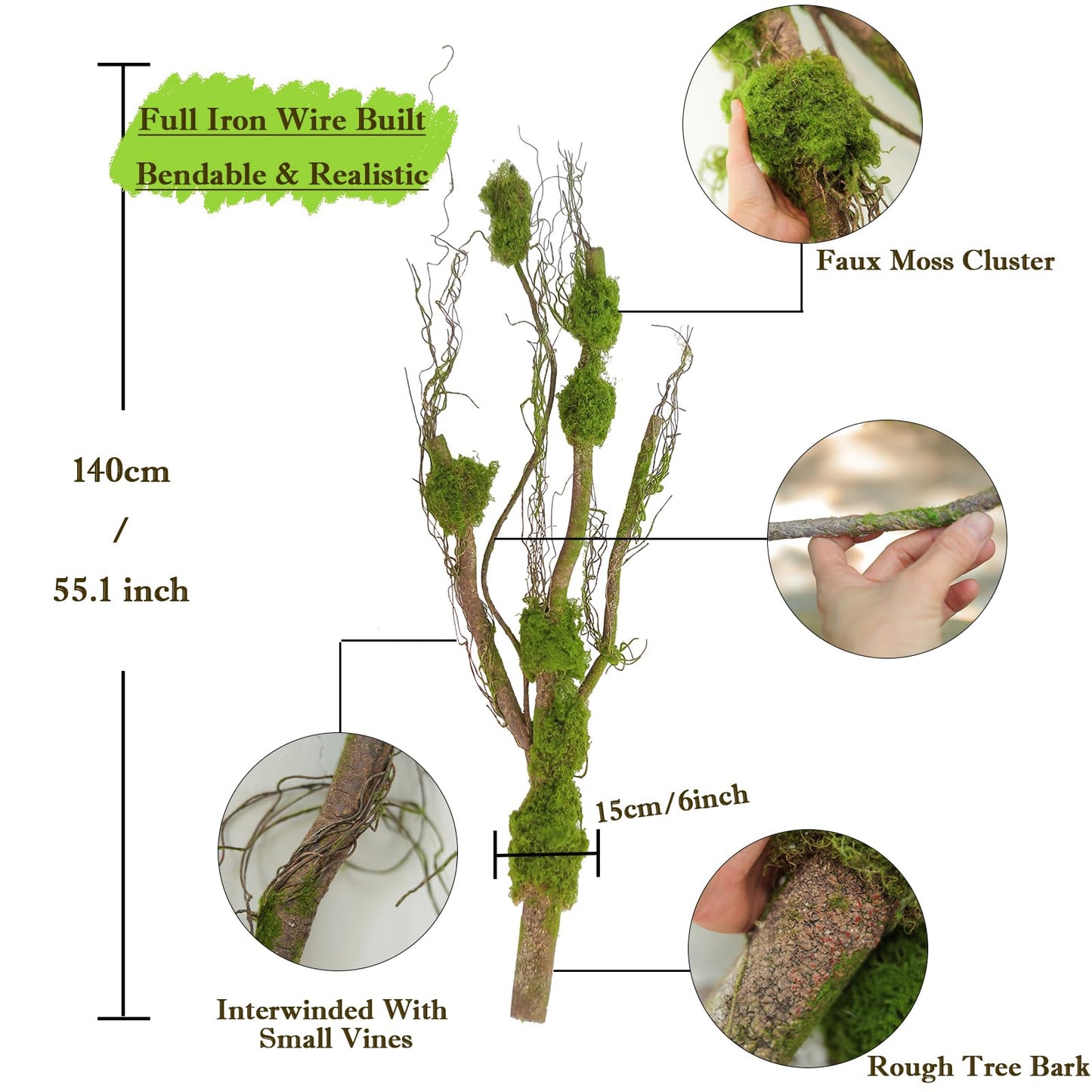 55inch Giant Rustic Bendable Artificial Tree Branches Moss Grape Vine Garland Faux Creepy Thick Tree Trunk Jungle Hanging Greenery Vine Curly Wood for Home Mantel Front Porch Wall Hanging Decoration