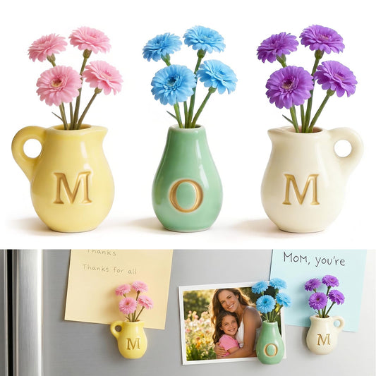 Mini Ceramic Vase Fridge Magnets – Tiny 3D Flower Vase Refrigerator Magnets with Fake Flowers, Cute Kitchen & Home Decor, Unique Birthday for Mom & Women