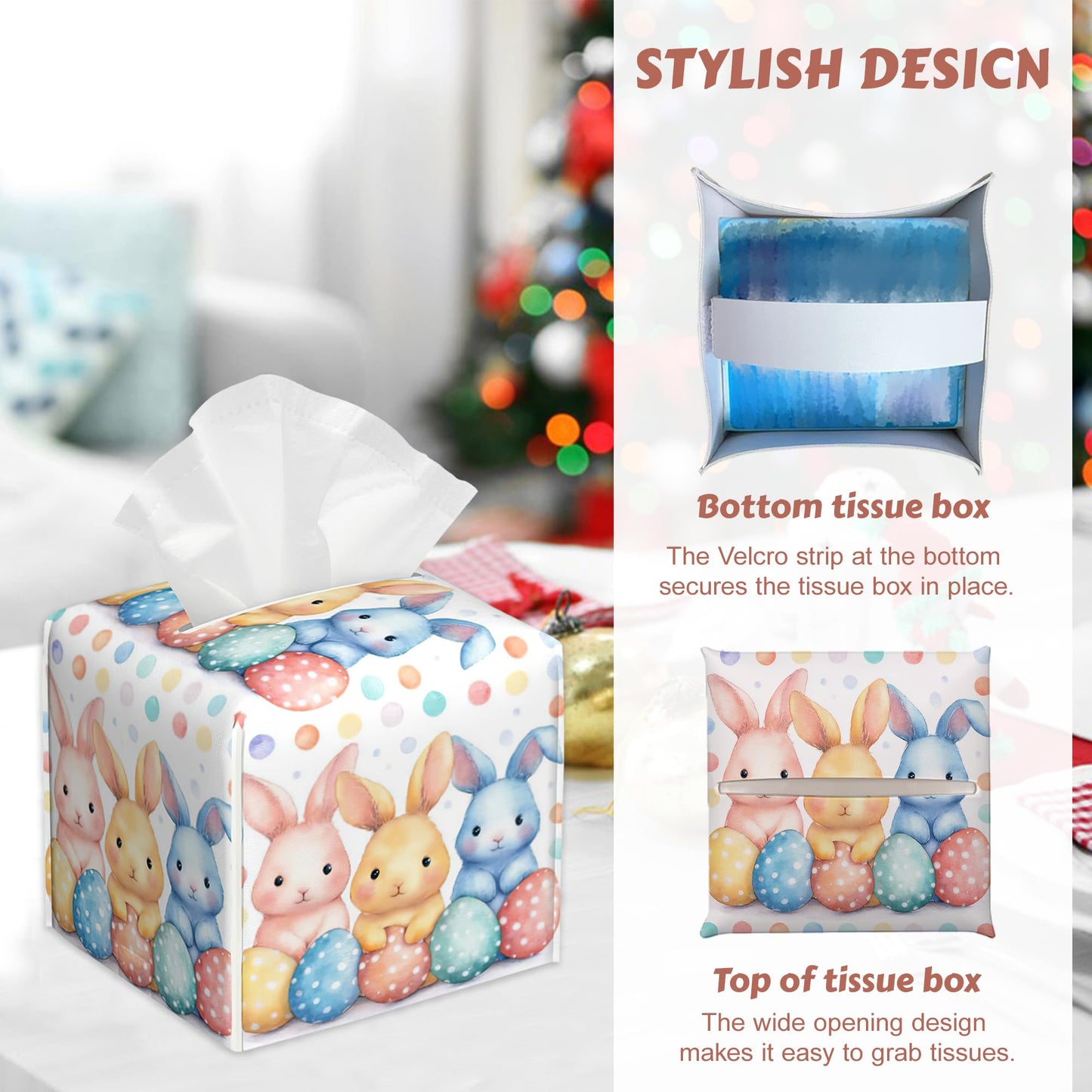 Easter Egg Bunny Tissue Box Holder, Leather Tissue Box Cover Square, Paper Facial Decorative Tissues Cover for Bathroom Home Car Nightstand Vanity Desk, 2 Pcs