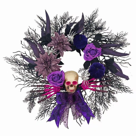 Halloween Wreath for Front Door, 20 Inch Creepy Wreath with Silver Spiders & Bats Purple Plants, Spooky Durable Hanging Decor for Indoor Outdoor Haunted House Party Decorations