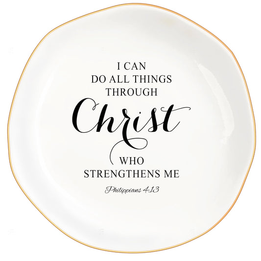 Christian Gifts for Women, Bible Verse Ceramic Jewelry Dish Trinket Ring Tray, Inspirational Floral Gift for Mom Sister Friend Birthday Christmas-I Can Do All Things Through Christ (White-Christ2)