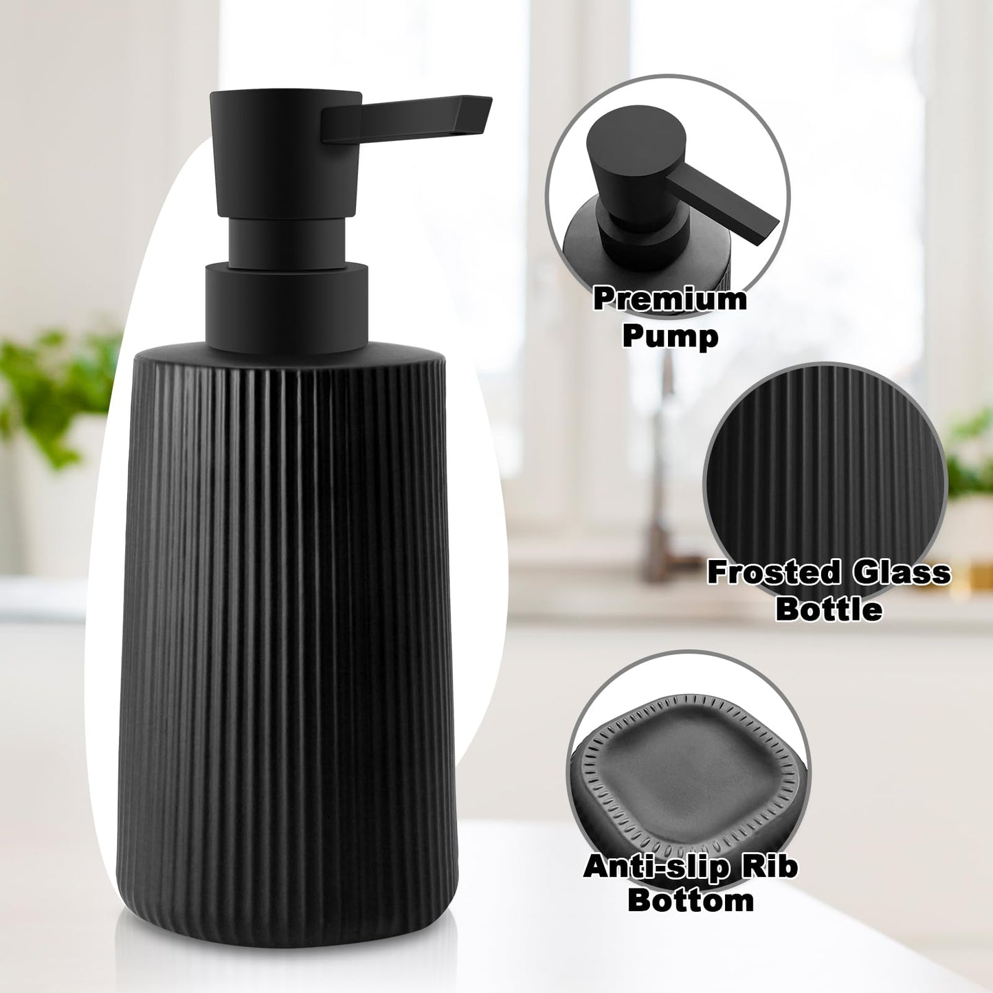 Mamiddle Glass Soap Dispenser for Bathroom, 250ml/8.5oz Dish Soap Dispenser with Pump for Kitchen, Modern Minimalist Stripe Style Hand Soap Dispenser, Small Refillable Soap Dispenser (Black 2pcs)