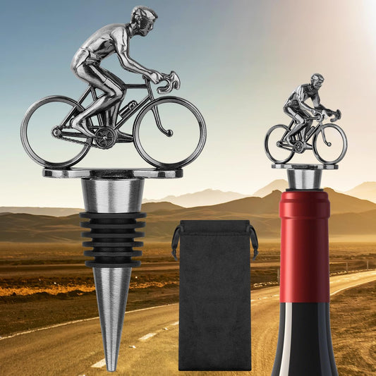 LULLEA Cycling Wine Bottle Stopper, Bicycle Gifts Cyclist Gifts Wine Gifts for Father's Day, Christmas, Birthday, Silver Bottle Stopper for Wine and Champagne with Bag
