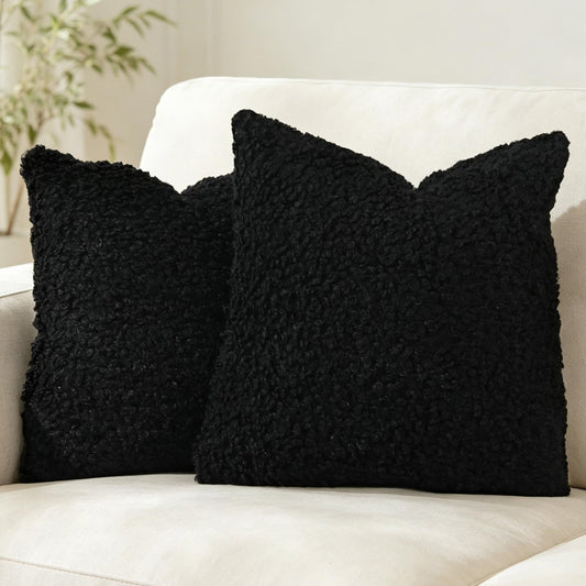 AMZWISE Pillow Covers Decorative Curly Teddy Wool 22X22 Inch Throw Pillows Set of 2 for Outdoor Garden, Boucle Textured Neutral Cushion Covers for Chair Sofa Bedroom Living Room Bed Decor, Black