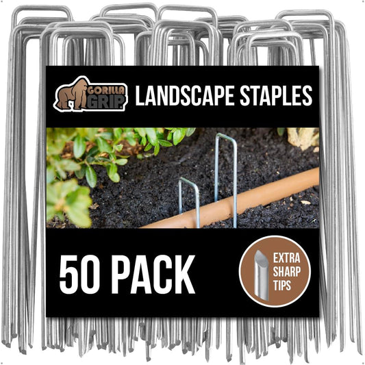 GORILLA GRIP Premium Landscape Staples 50 Pack 6 Inch, Heavy Duty 11 Gauge Galvanized Steel Garden Stakes, Sharp Rust Resistant Landscaping Pins, Lawn Anchors for Weed Barrier Fabric, Sod, Irrigation