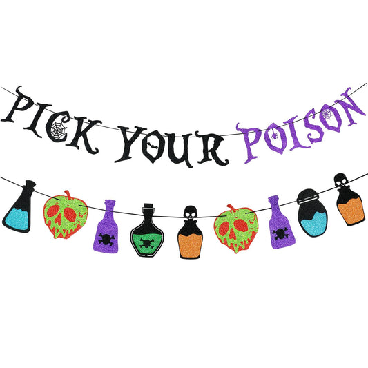 Black and Purple Glitter Pick Your Poison Banner Potion Bar Banner, Pick Your Poison Sign Halloween Party Banner for Haunted Mansion Home Decor Halloween Hocus Pocus Party Decorations