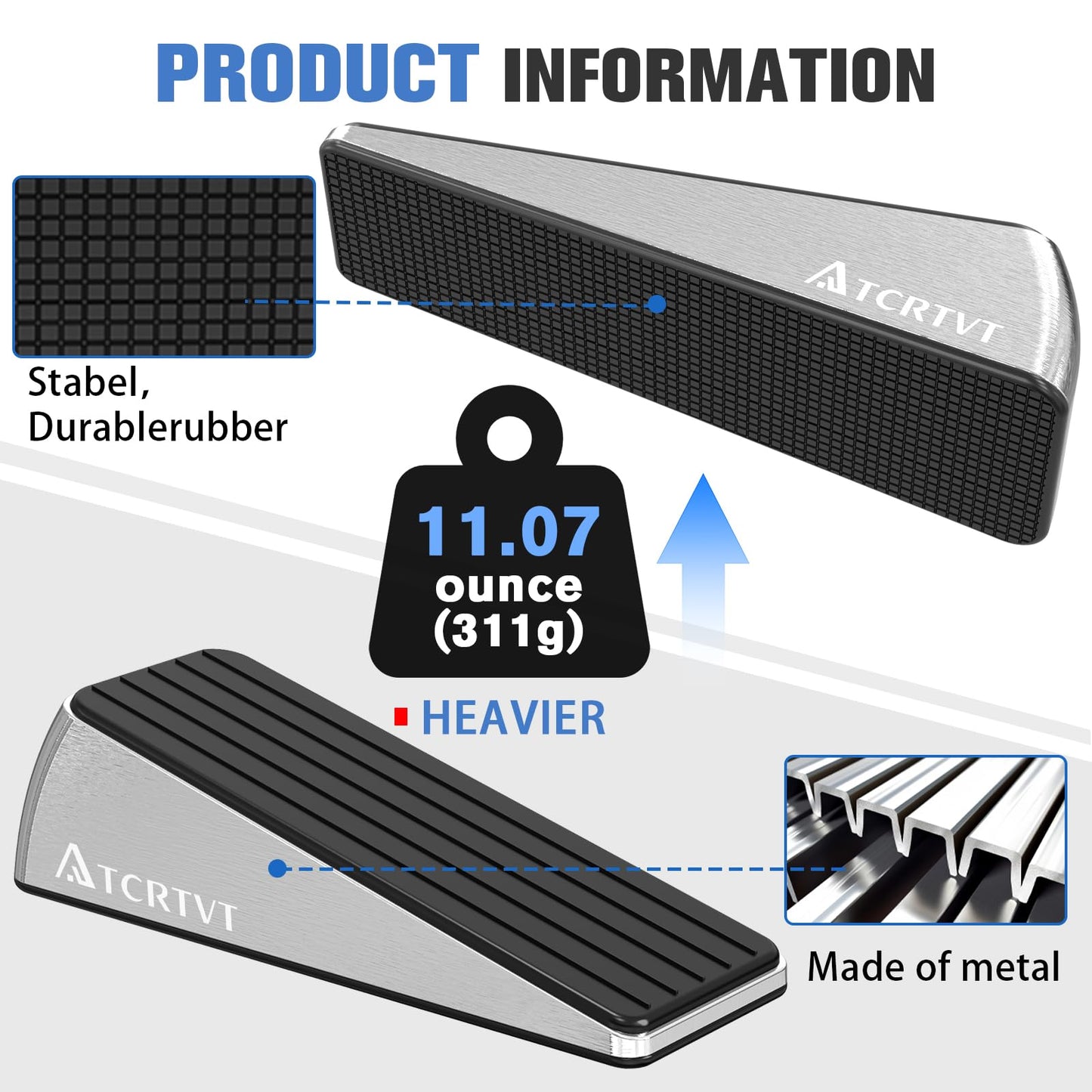 Heavy Duty Door Stopper Wedge - 2 Pack Big Size Door Stop Wedge Made of Aluminum Alloy Metal Suits Any Door, Any Floor with Set of 2 Plus Self-Adhesive Holder Satin Nickel Large Version