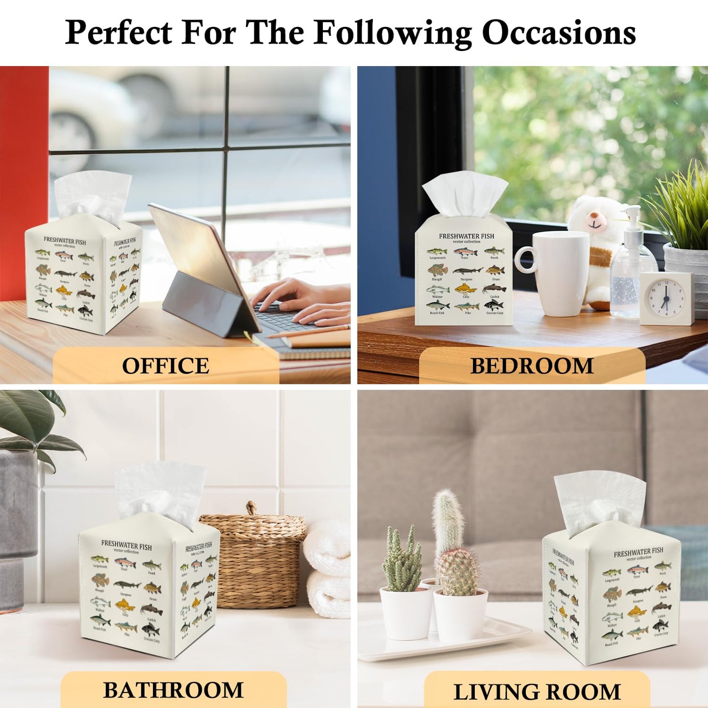 Freshwater Fish Leather Tissue Holder with Bottom Belt Ideal for Women Housewarming Gift Tissue Box Cover Bathroom Car Nightstand Vanity Kitchen Decor Waterproof Napkin Organizer Dispenser - FS719