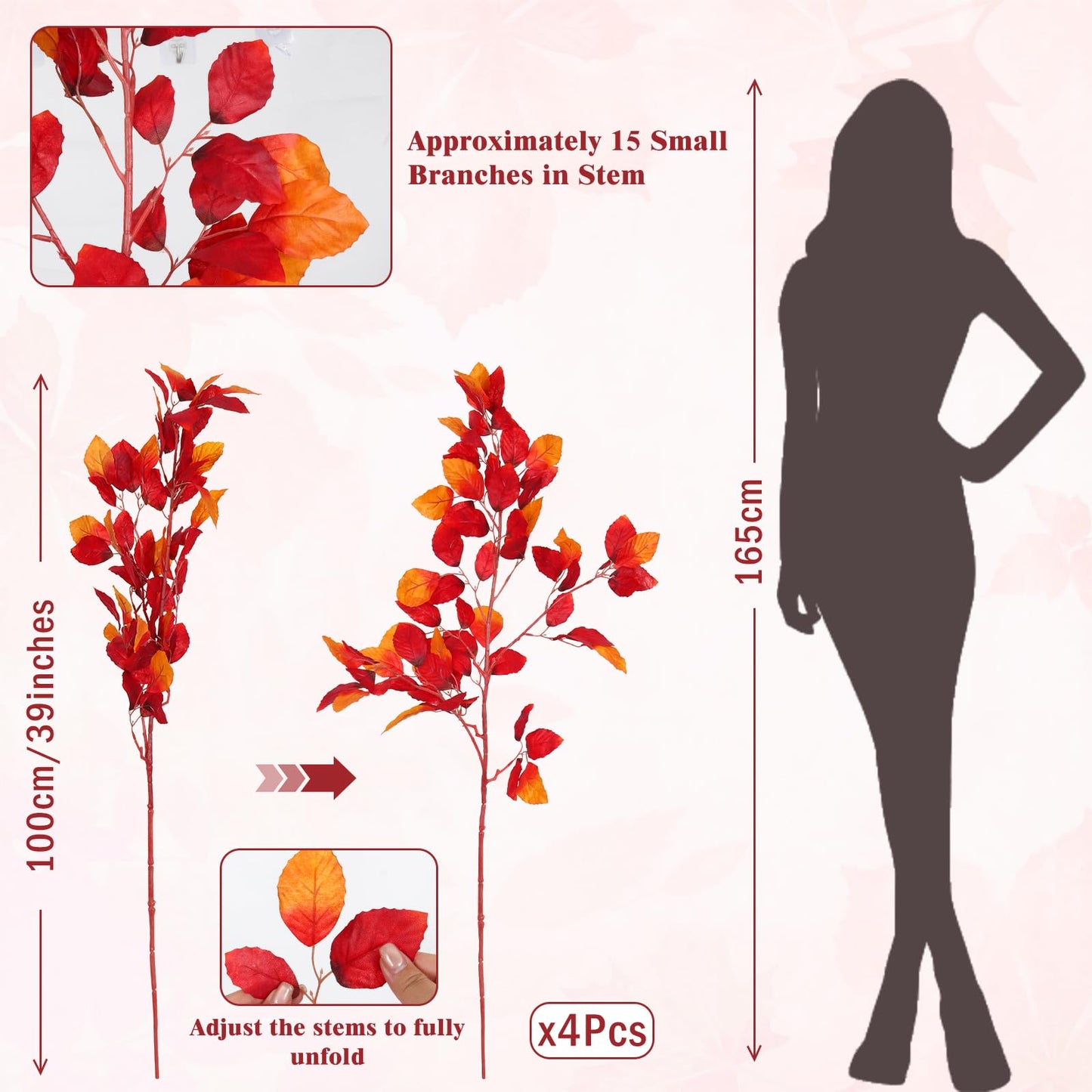 RECUTMS Artificial Fall Beech Leaf Stems 4Pcs 39Inch Fake Fall Foliage Branches Faux Autumn Leaves Long Greenery Stems for Tall Vase Thanksgiving Halloween Festival Harvest Home Decor(Sunset Red)