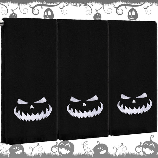 Fanfanwin 3 Pcs Halloween Bath Hand Towels 13.7 x 29.5 Inch Embroidered Decorative Hand Towel Kitchen Towels 100% Cotton Towel Decor for Holiday Bathroom(Black,Pumpkin)