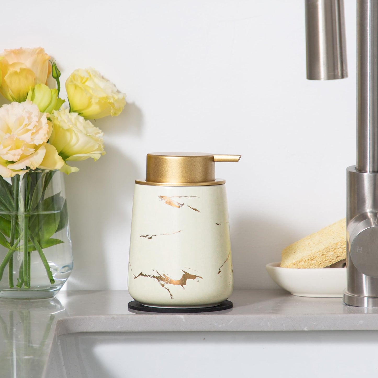 Enra Ceramic Gold Soap Dispenser, 12 oz Modern Liquid Hand Soap Dispenser for Bathroom Kitchen with Easy-to-Press(Gold Liquid Type-Beige)