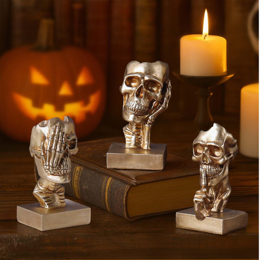 See Hear Speak No Evil Skeleton Figurines Set,Gothic Evil Skull Trio Statue,Vintage Skeletons for Halloween Decorations Indoor,Living Room Fireplace Floating Shelf Coffee Table Centerpiece Decor