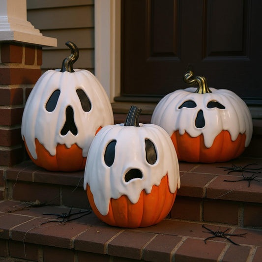 Colingmill 3 PCS Halloween Ghost Pumpkin Decoration - 9.8" 8.7" 7.1" Large Resin Jack O Lantern Ghost Pumpkin Spooky Figurine Set for 2025 Fall Statue Decoration Indoor Outdoor