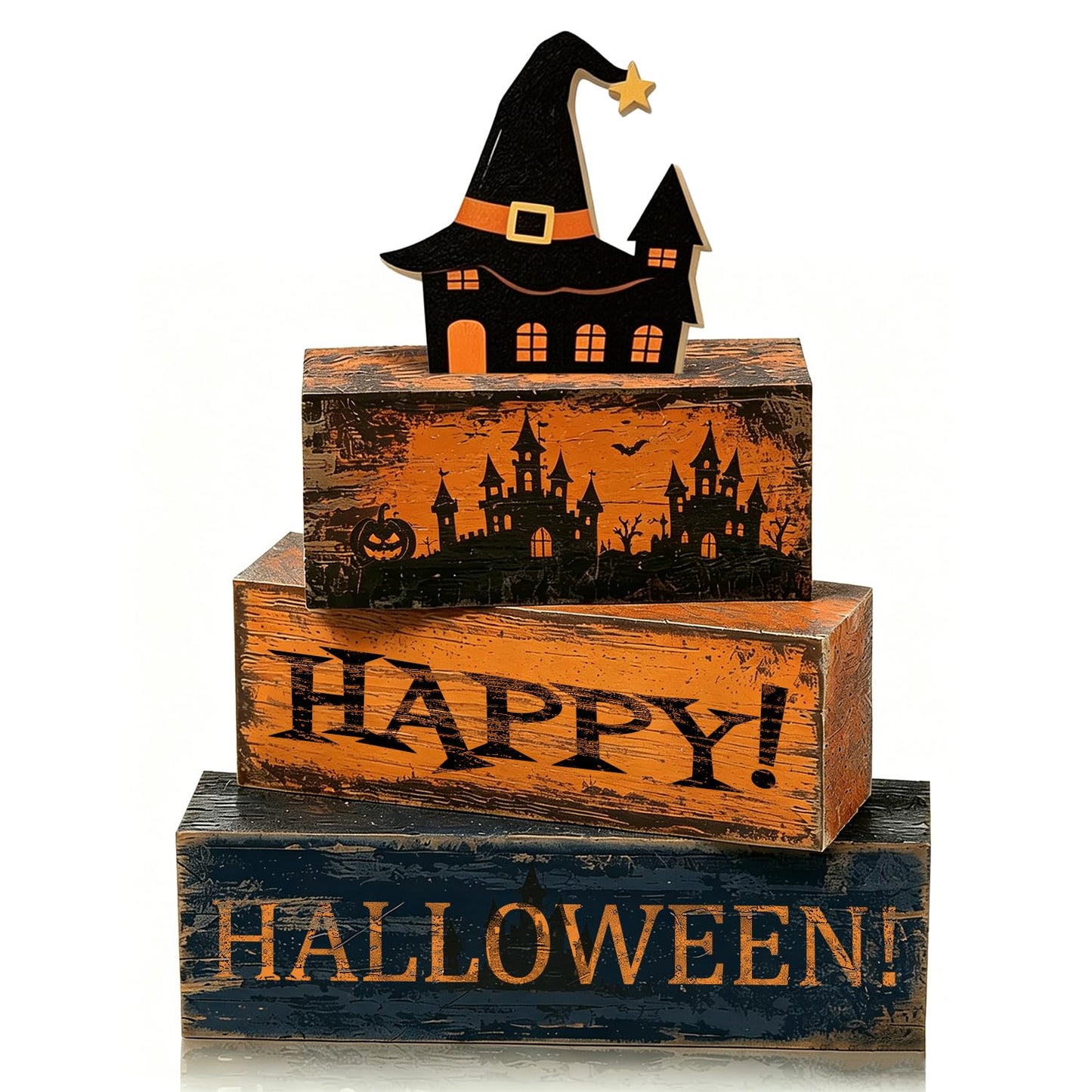 4 Pcs Halloween Table Decorations Distressed Rustic Farmhouse Tiered Tray Decor Stackable Wooden Block Signs with Hat haunted House Topper, Happy Halloween Tabletop Centerpiece for Home Kitchen Office Mantel Shelf Party