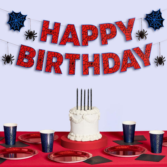 xo, Fetti Spider Web Happy Birthday Banner - 4.5 ft. | Red and Blue Birthday Garland, Kids Party Decoration, Superhero Theme Sign, Photoshoot Backdrop
