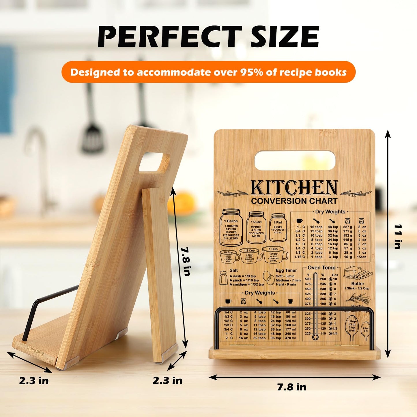 Bamboo Cookbook Stand for Kitchen Counter, Recipe Book Holder with Measurement Conversion Chart, Adjustable Cookbook Holder, Essential Accessories Women Gifts for Birthday Christmas