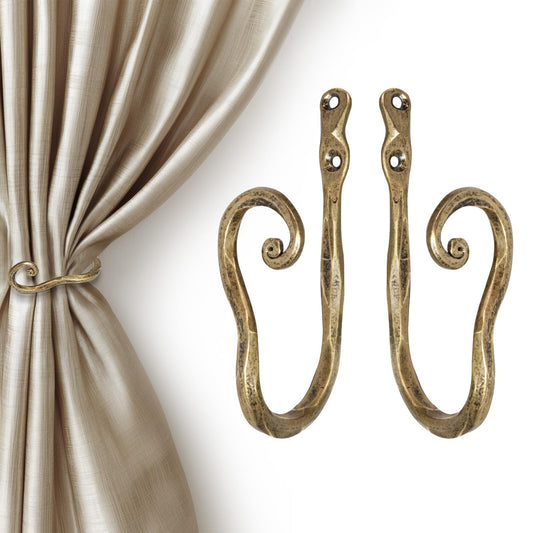 BEGINS 2-Pack Hand-Forged Curtain Holdbacks - Heavy Duty Curtain tiebacks wall Mounted, Vintage Black Metal Curtain Hooks for Drapes for Living Room & Bedroom (Gold)