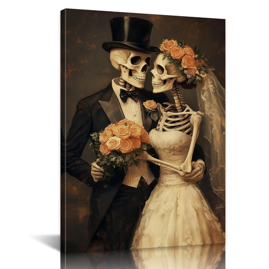 SANGGUOBIN Halloween Canvas Wall Art Skeleton Bride Groom Portrait Prints Gothic Haunted Romantic Wedding Poster for Bedroom Living Room Bathroom Decor(Black-2,12x18inch)