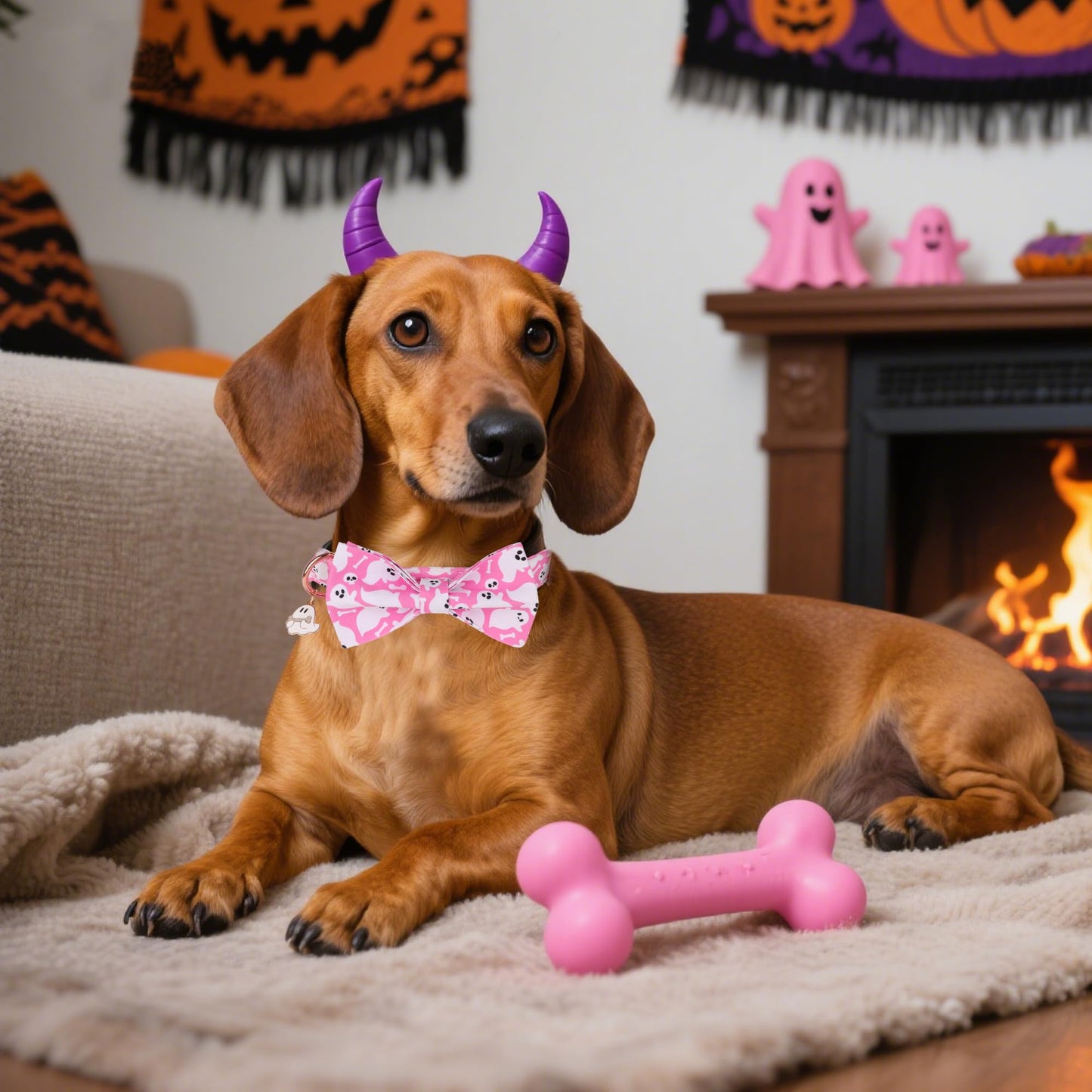 ADOGGYGO Pink Halloween Dog Collar with Bow Tie, Detachable Ghost Pet Bowtie, Metal Buckle, Adjustable Pink Halloween Collars for Small Dogs Girl (Small)
