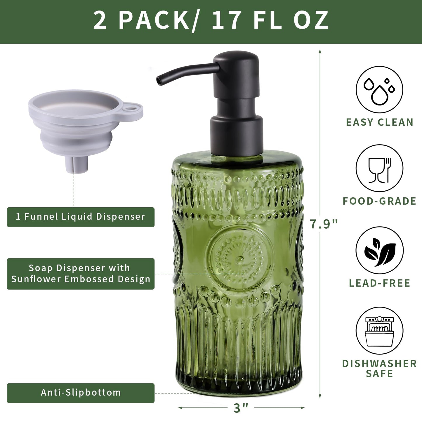 17 OZ Sunflower Embossed Glass Soap Dispenser - 2 Pack, with 304 Rust Proof Stainless Steel Pump, Glass Soap and Lotion Dispenser Set, Liquid Hand Soap Dispenser for Home, Kitchen & Bathroom (Green)
