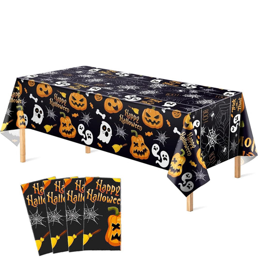 Pyrrhiax 4 Pcs 54 x 108 Inch Halloween Pumpkin Ghost Tablecloth, Rectangular Plastic Spider Web Table Cloth Large Size Halloween Table Covers for Home Decor Party Decorations
