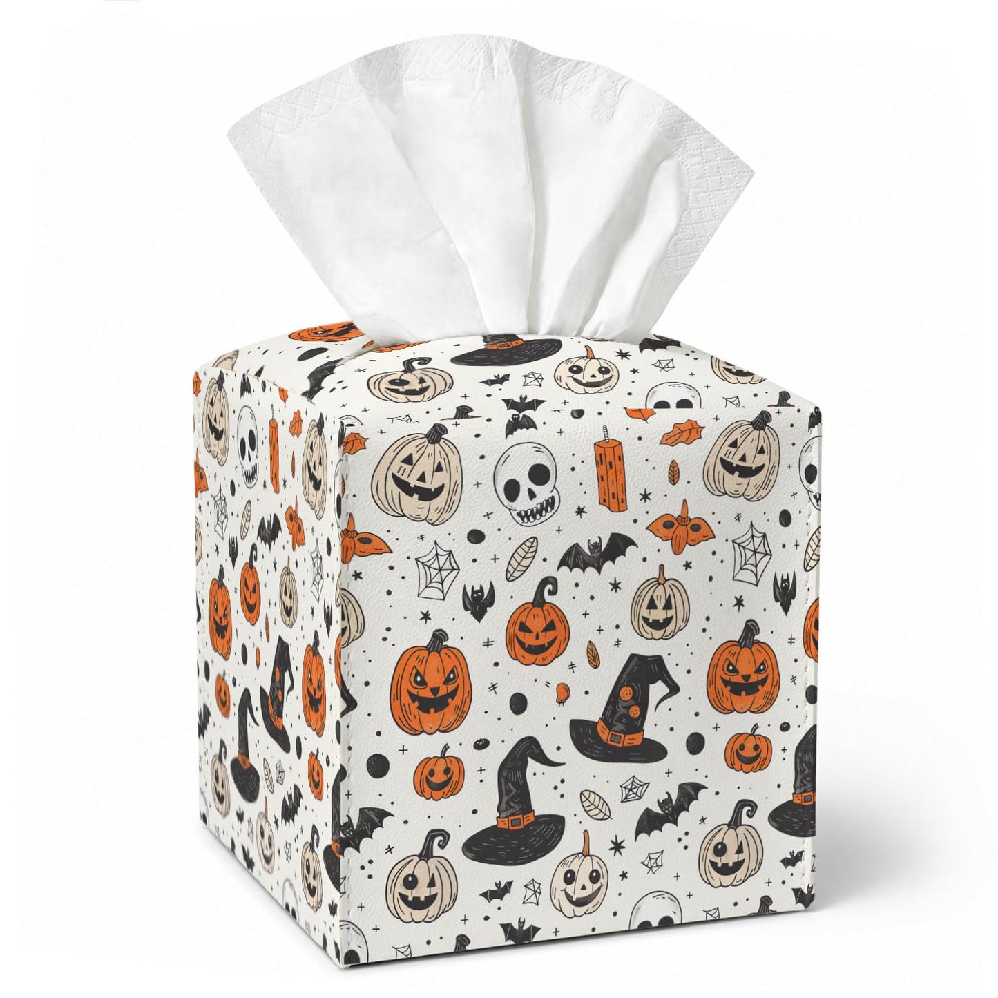 Halloween Spooky Tissue Box Covers Square, Leather Tissue Box Cover Decorative for Home Office Bathroom, Pumpkin Skull Square Facial Paper Organizer Halloween Home Decor - 043