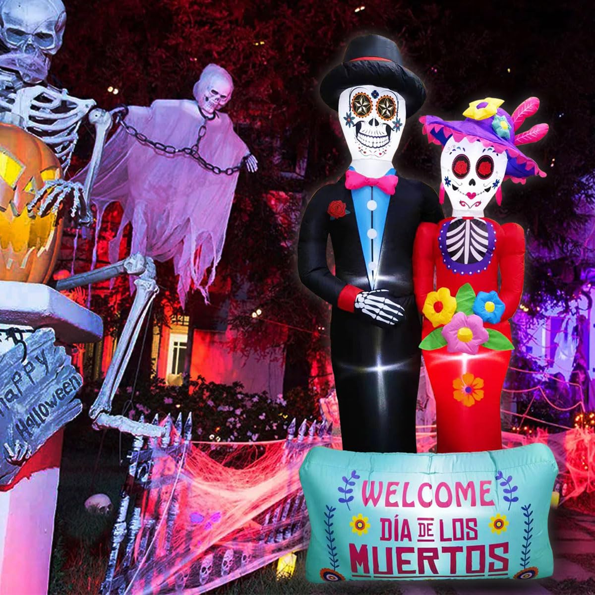 Dia De Los Muertos Decoration, 6 FT Halloween Inflatables Décor Day of The Dead Spooky Sugar Skull Couple, Blow Up Yard Decorations with Built-in LED for Outdoor Garden, Lawn