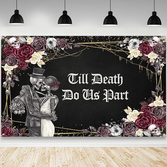 AIBIIN Halloween Till Death Do Us Part Backdrop Spooky Skull Gothic Wedding Photography Background Bridal Shower Bride and Groom Mr and Mrs Anniversary Party Decorations Banner 70.8 x 43.3 inch