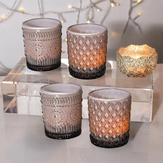 Homipooty 4 ps Grey Clear Glass Votive Candle Holders Vintage Candle Holder Bulk Tealight Candle Holders for Table Centerpieces Home Bridal Shower Birthday Christmas Thanksgiving Party Decor Indoor