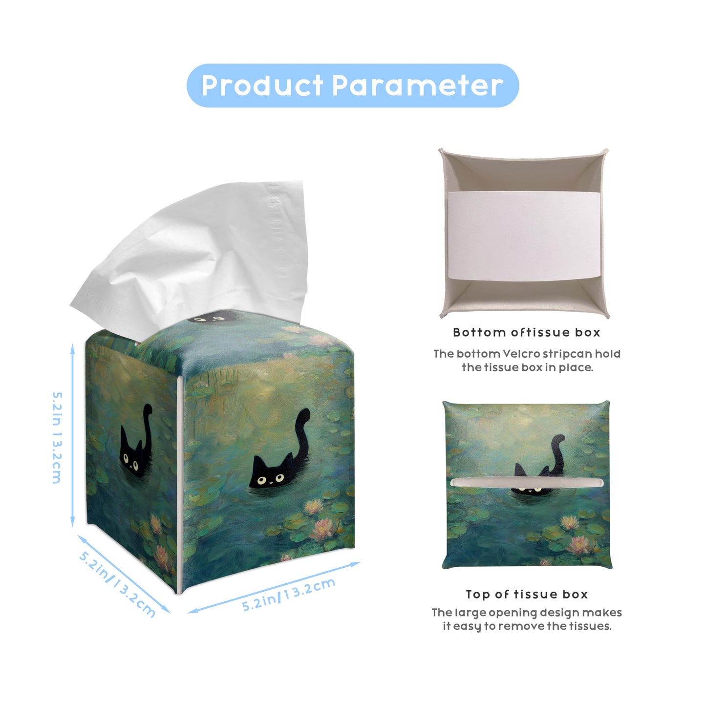 Black Cat Water Lily PU Leather Tissue Box Cover 5.2 Inch