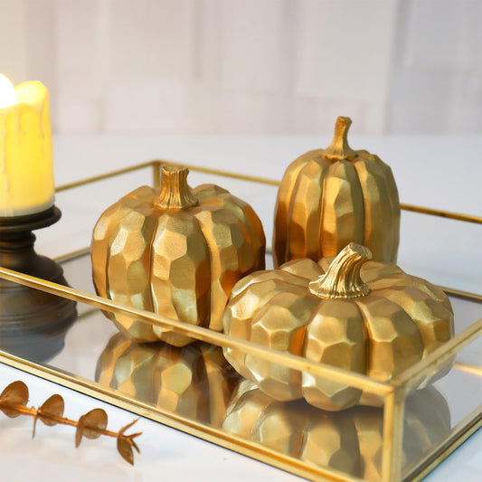 JarThenaAMCS Fall Pumpkin Decoration 3Pcs Resin Artificial Pumpkins Gold Fake Pumpkin Table Centerpieces for Autumn Harvest Thanksgiving Farmhouse Home Party Supplies