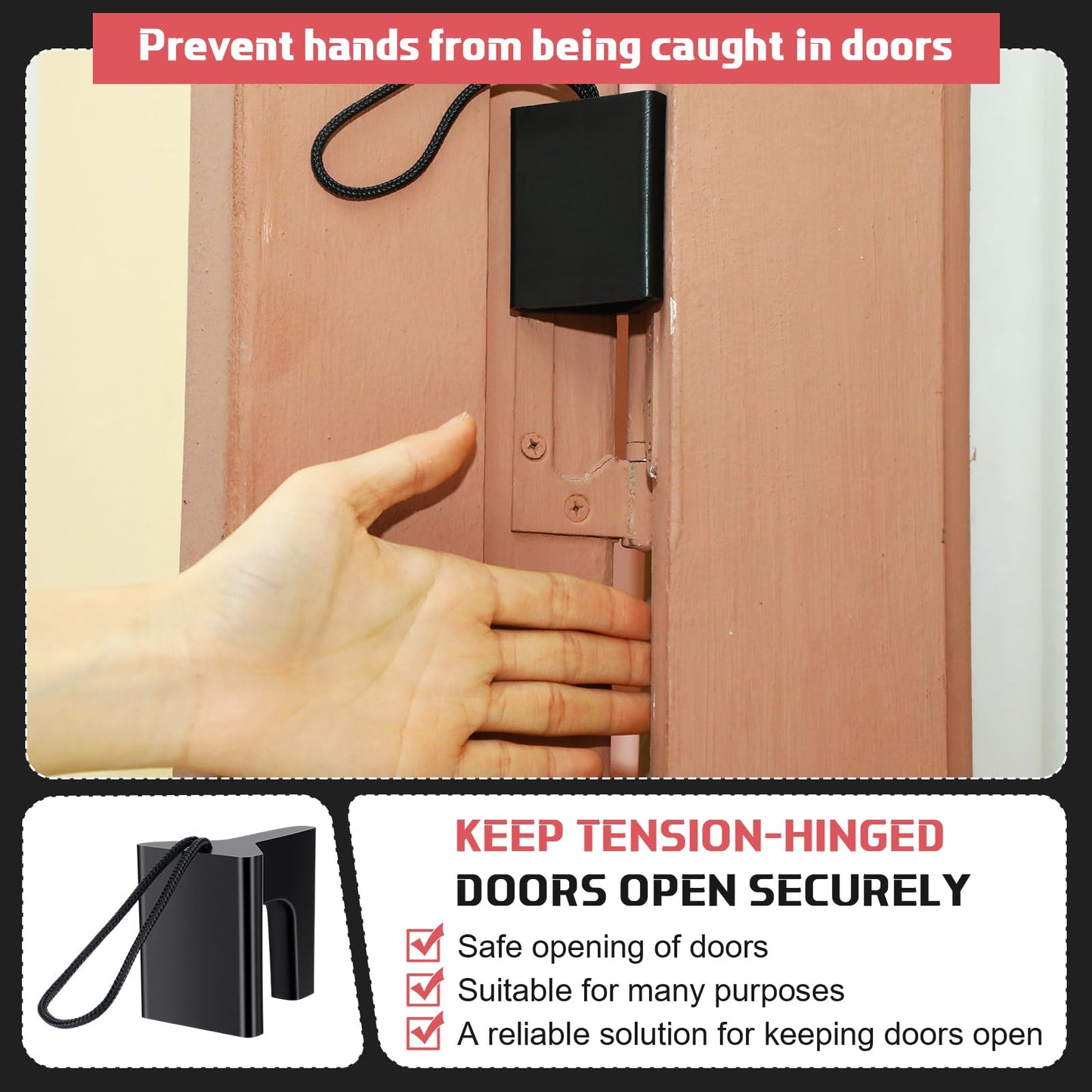 AceOrbit 2 Pcs Over the Hinge Door Stopper Plastic Residential Door Holder for Office School Home Commercial Use Hospitals Hotels, Safe and Anti Pinch Design, Can Fix Tension Hinged Doors (Black)