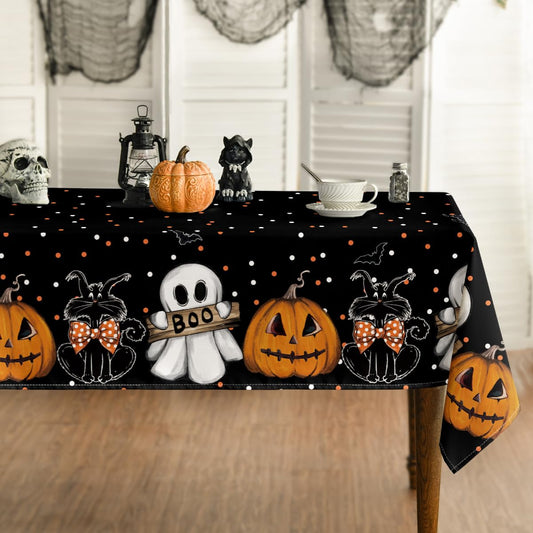 Horaldaily Halloween Tablecloth 60×60 Inch Square, Jack-O-Lantern Ghost Cat Dots Washable Table Cover for Party Picnic Dinner Decor