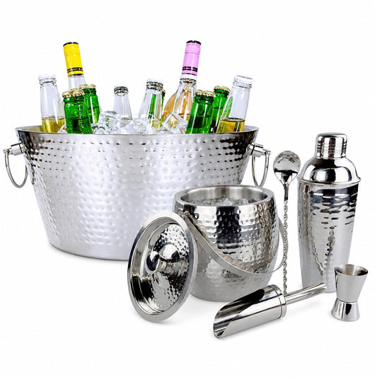 BREKX Stainless Steel Beverage Tub and Ice Bucket with Lid and Scoop Party Set, Silver Cocktail Barware Set