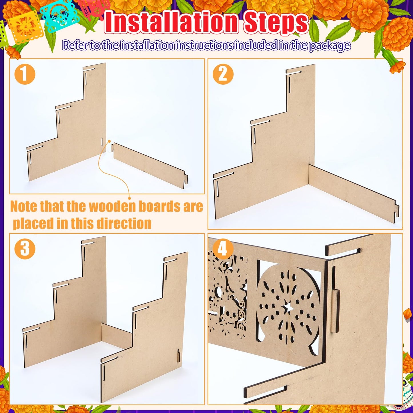 MotiMind Dia De Los Muertos 2 Photo Frame Three Layer Altar Ofrenda Box, Poplar Plywood Sugar Skulls and Pan de Muerto Papel Picado, Self Painting Shadow Box Frame The Day of The Dead Decor(Elegant)