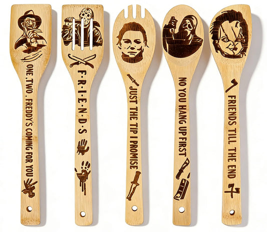 5Pcs Horror Movie Merchandise - Wooden Spoons for Cooking, Halloween Kitchen Accessories, Engraved Bamboo Cooking Utensils, Horrors Movie Decor, Horrors Movie Gifts