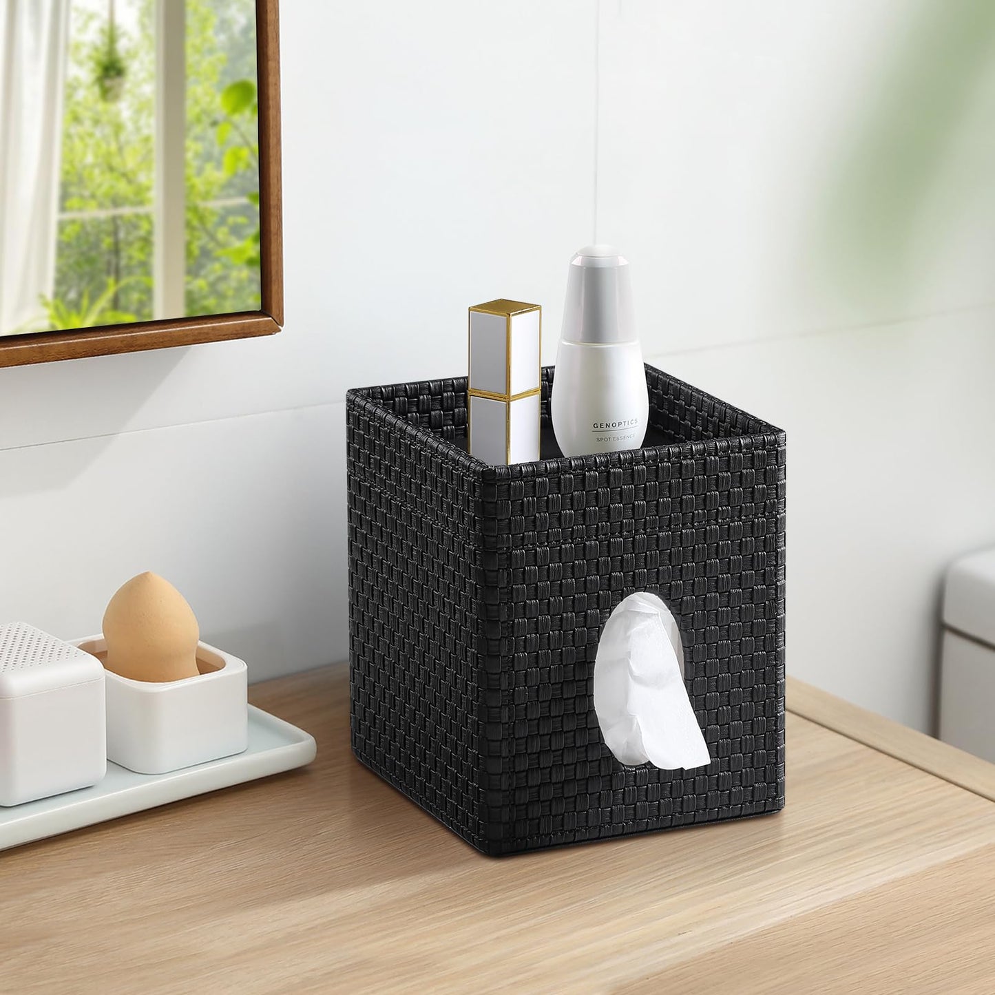Square Tissue Box Cover, Stylish Leather Tissue Box Holder with Storage Tray, Decorative Tissue Rack Storage Box for Living Room, Bedroom, and Office Desk(Black Woven Pattern)