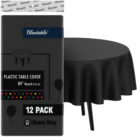 Round Black Tablecloths Plastic Disposable (12 Pack) Bulk Table Cloth (84” Inches) 4, 5, or 6 Foot Round Tables (Manteles para Fiestas) Christmas Parties Halloween Party Tablecloth [12 Pack]
